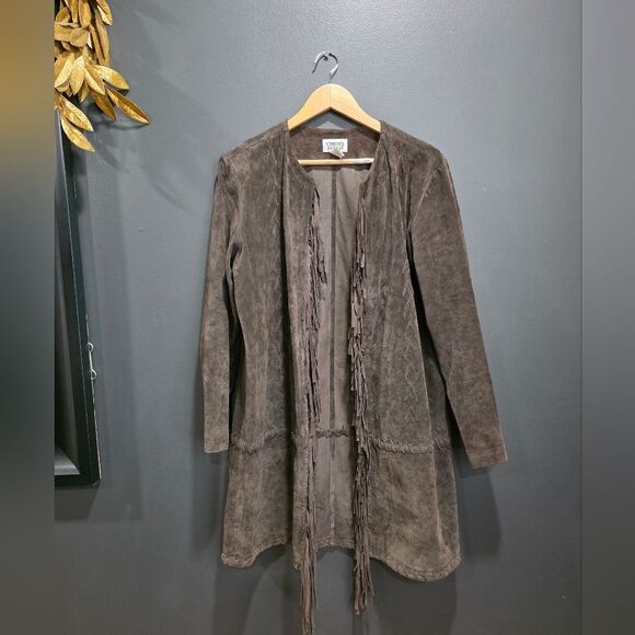 CHICOS DESIGN SUEDE Leather FRINGE Brown Single Hook Closure Jacket SIZE 1 US M - Picture 1 of 13